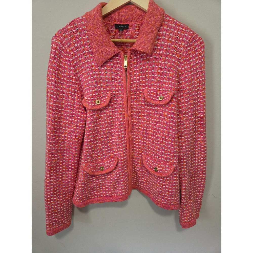 Talbots Pink Orange Textured Knit Zip Front Sweater‎ Jacket Metallic Medium